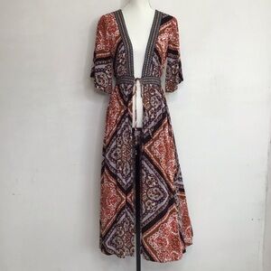EARTHBOUND Women Red Brown Design Patterned String Tie Maxi Dress/Coverup S/M